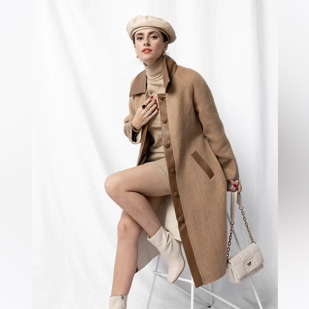 Petite Studio NYC Tan Brown Delphine Tie Waist Wool Alpaca Silk Blend Long Coat